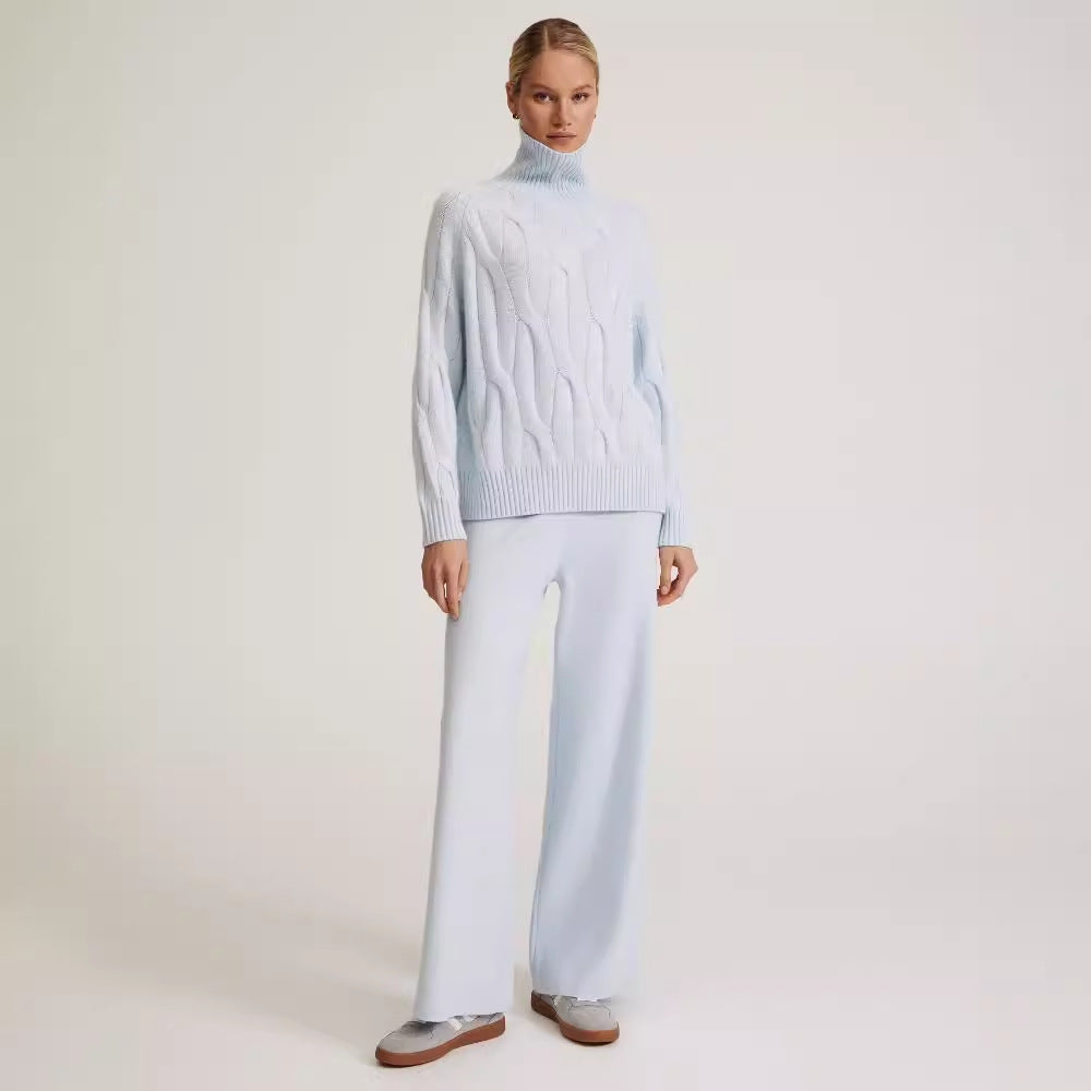 Long Sleeve Turtleneck Sweater Women Two Piece Sets Loose One Size light blue