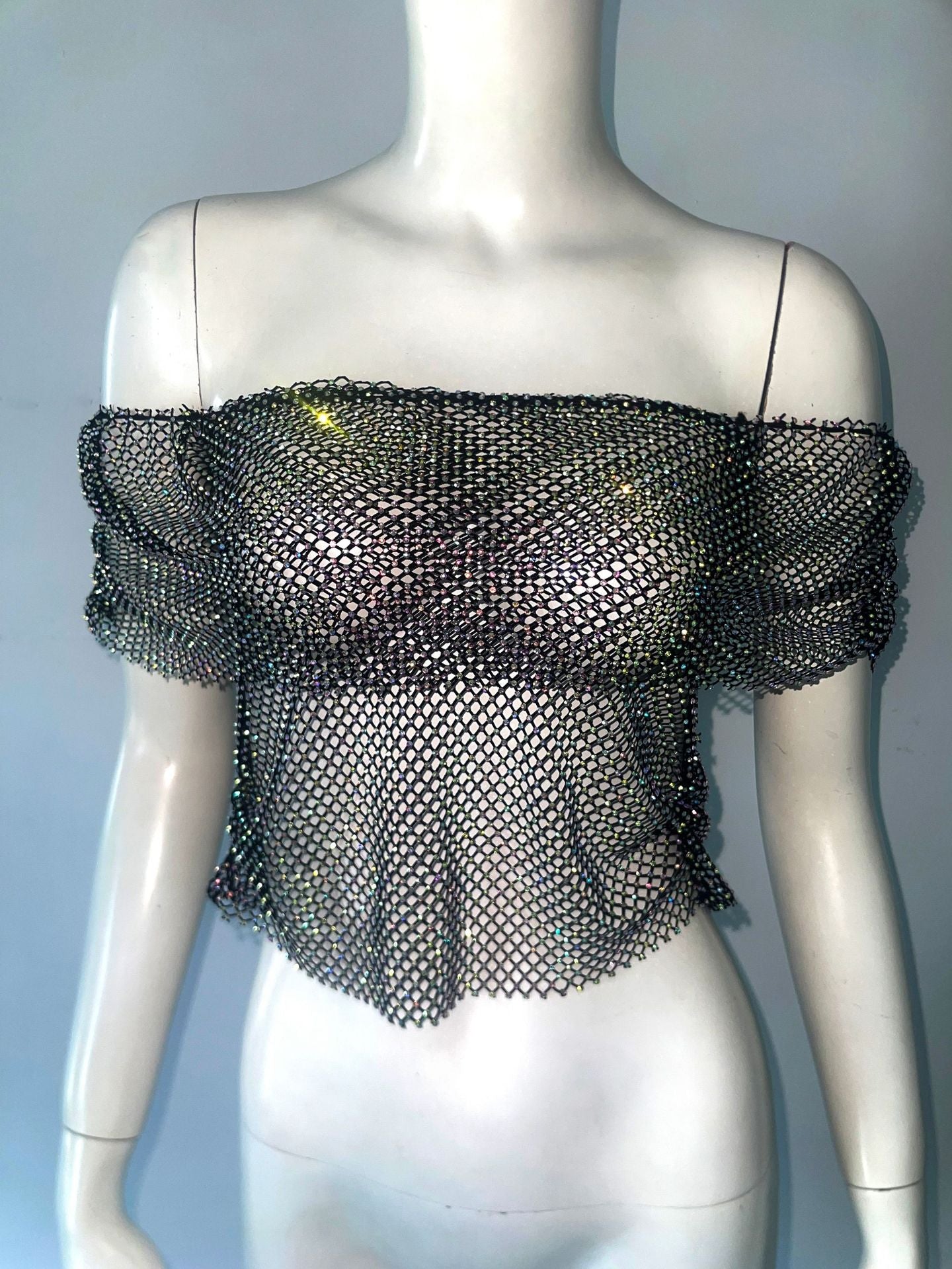 Rhinestone Mesh Elastic off Neck T shirt Sexy Party Nightclub Short Sleeve Top Women Black