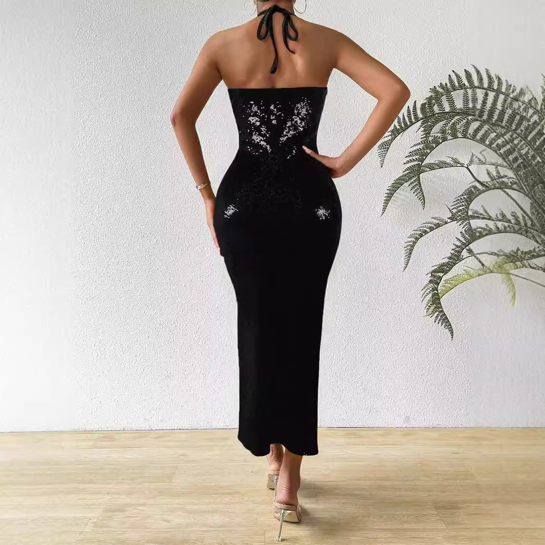 Women Strap Halter Slit Slim Fitting Sequ Dress