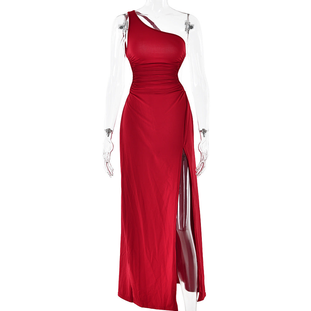 Women Backless Shoulder High Slit Dress Sexy Cold-Shoulder Sleeveless Maxi Dress Spring Summer Red