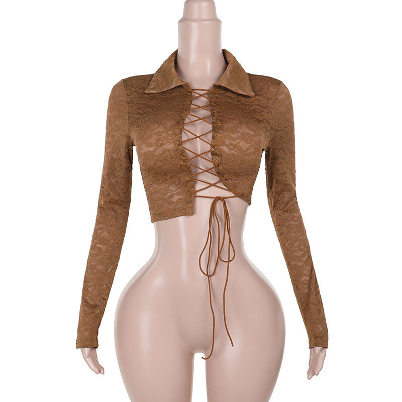 Autumn Elegant Sexy All Match Lace Long Sleeve Tied Sexy Top Women Brown