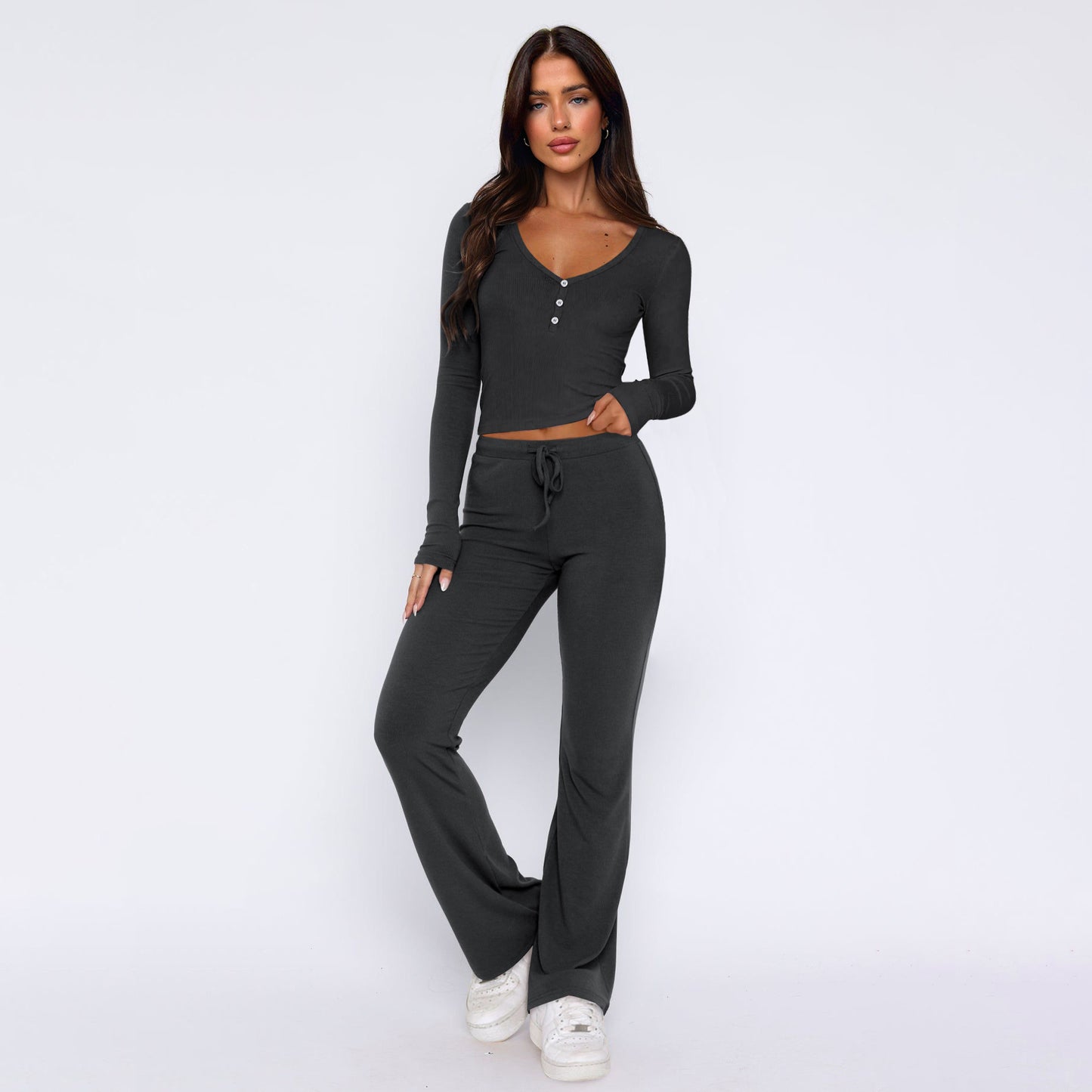 Sweet Spicy Long Sleeved Shirt Casual Pants Two Piece Set Set Women Dark Gray