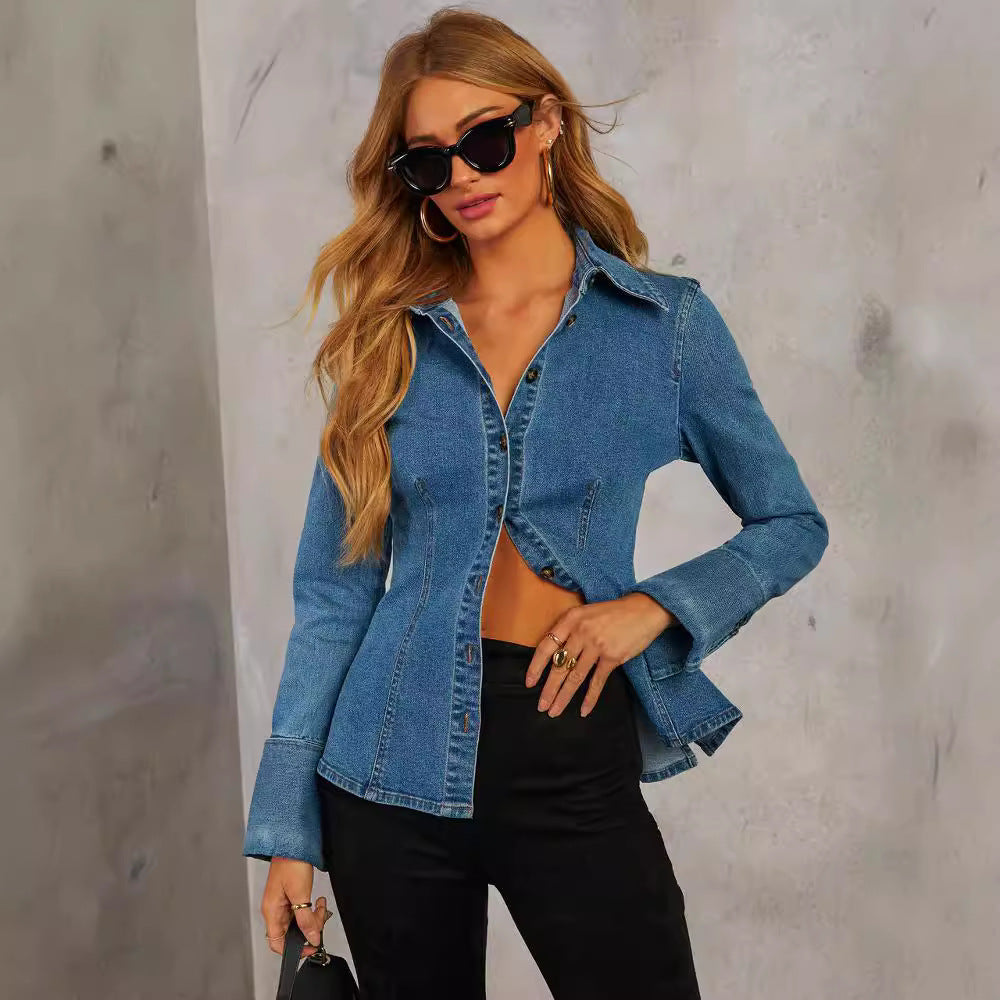 Denim Shirt Autumn Casual Collared Single Breasted Women Long Sleeve Denim