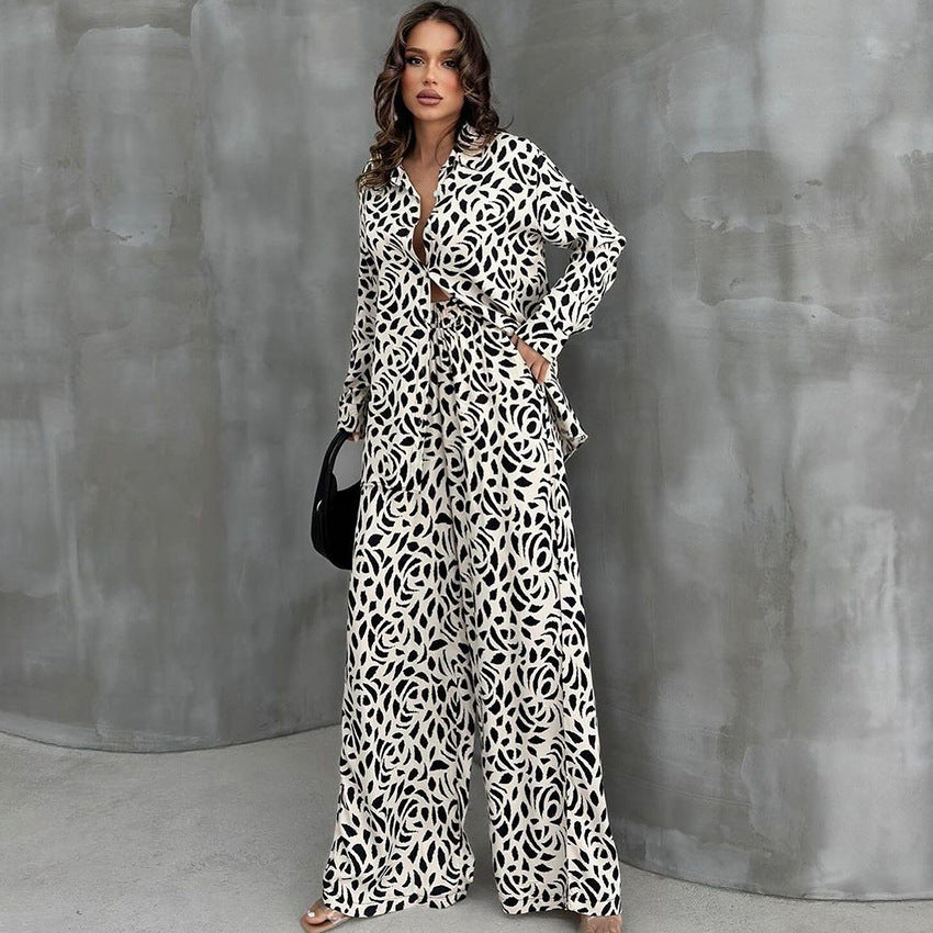 Leopard Print Pajamas Autumn Ice Silk Long Sleeve Cardigan Trousers Two Piece Set Loose Ladies Homewear