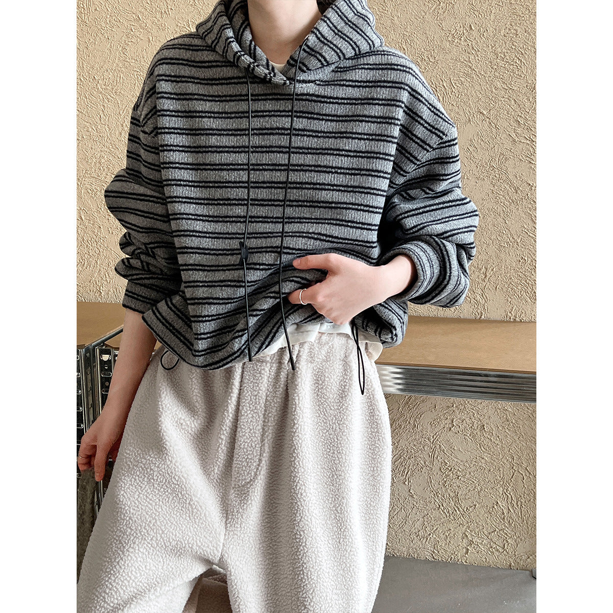 Classic Contrast Color Striped Hooded Sweater Women's Winter Fleece-lined Thickened Casual Top