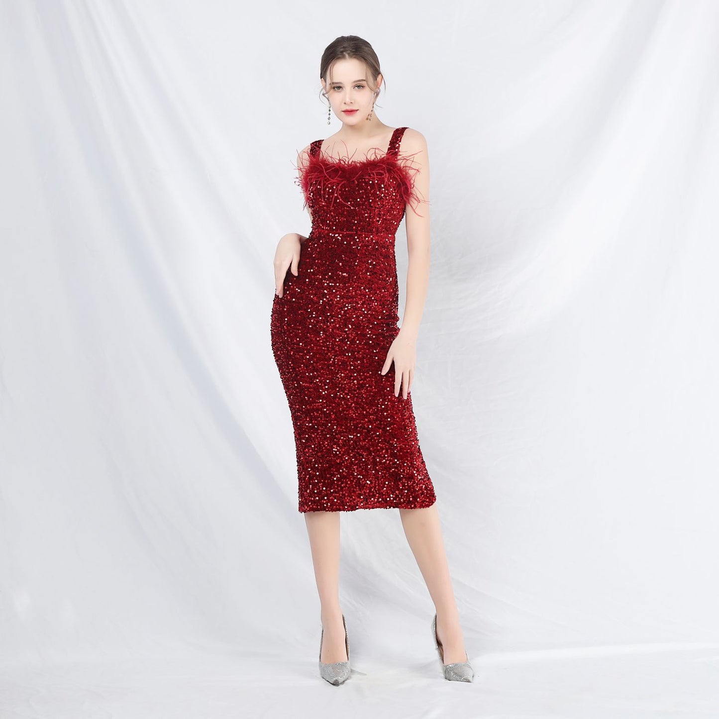 Dress Craft Order Ostrich Plush Bottom Sequined Evening Dress Jujube Red