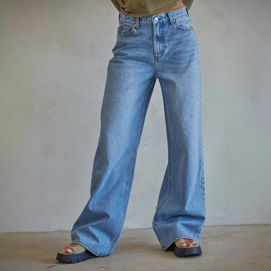 Worn Looking Washed out High Waist Loose Slimming Straight Jeans All Matching Wide Leg Mop Pants Women