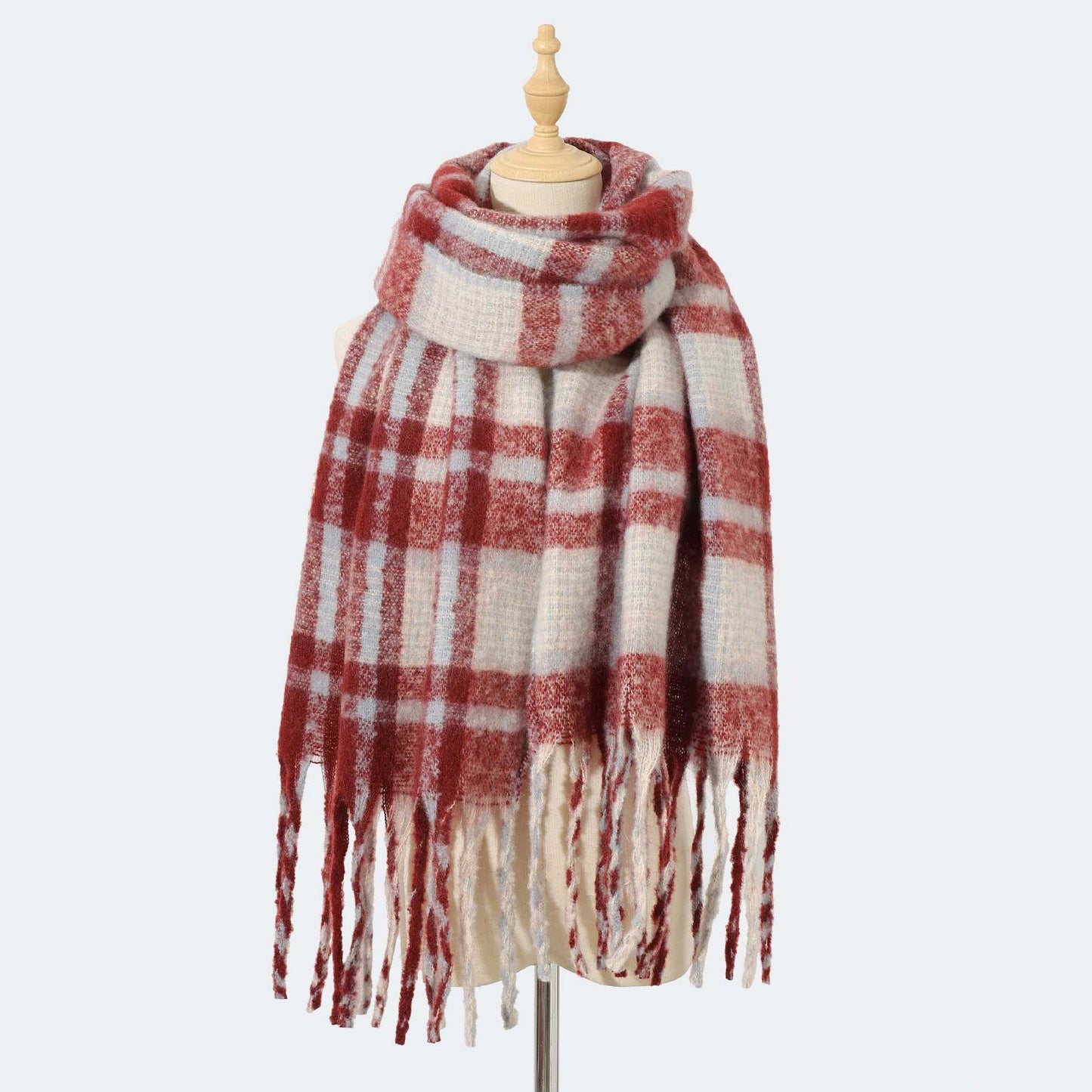 Autumn Winter Mohair Plaid Scarf for Women Thickened High Grade Cashmere like Scarf Warm Scarf One Size Red