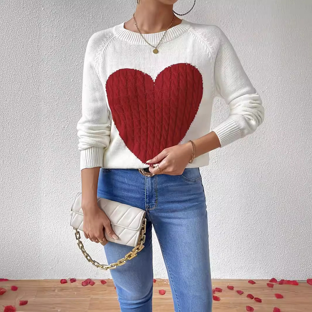 Autumn Winter Cute Love Pattern round Neck Pullover Knitted Sweater