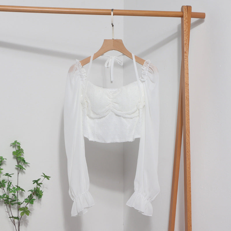 Square Collar Expose Clavicle Short Small Shirt Spring Lantern Long Sleeve Lace Up Halterneck Shirt Blouse One Size White