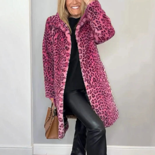 Fall Winter Leopard Print Plush Mid Length Coat