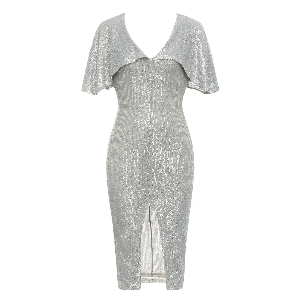 Dress for Spring Summer Simple V neck Flounced Sleeve Short Sleeve Sequined Party Split Dress Silver