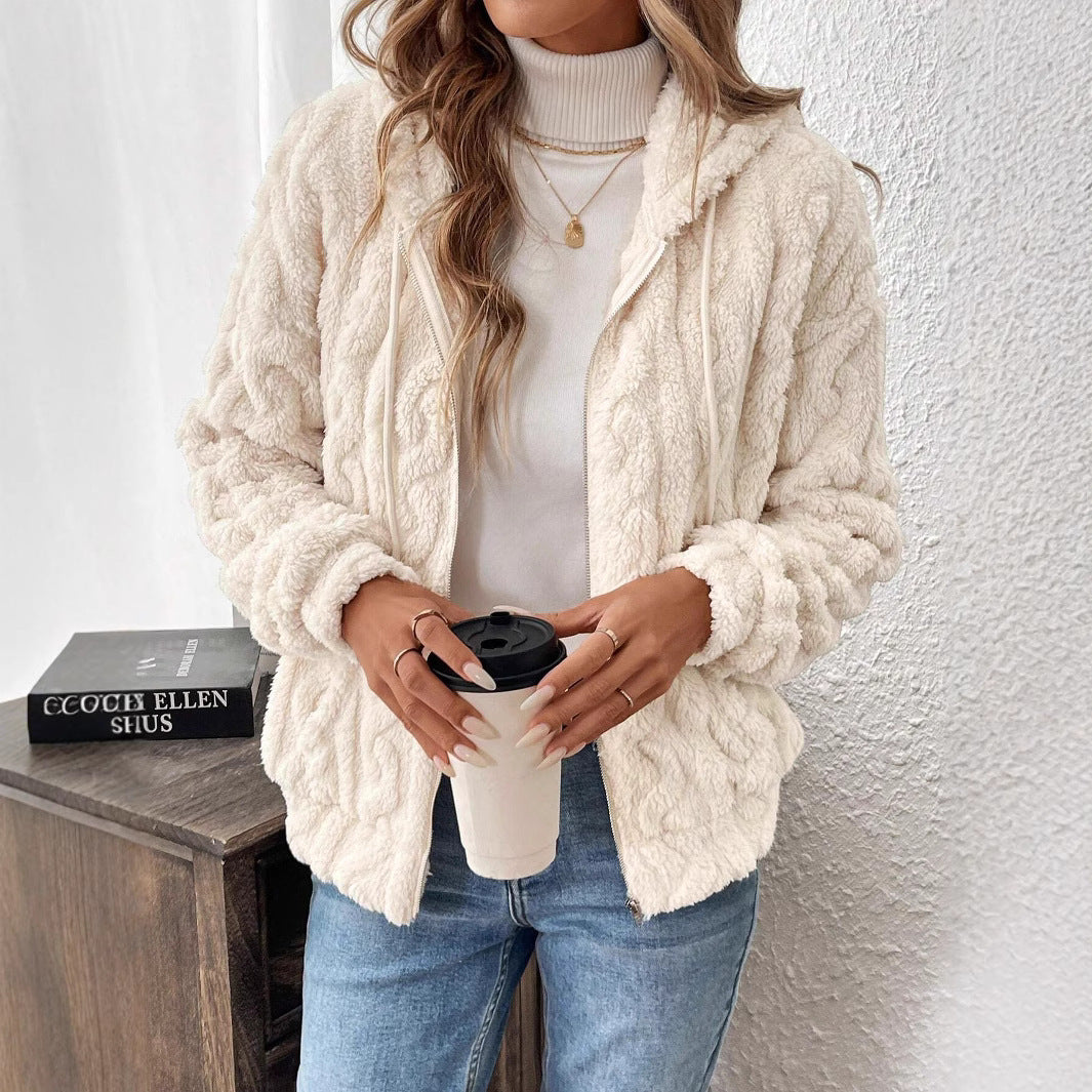 Double Sided Plush Drawstring Hooded Zip Cardigan Patch Pocket Cardigan Coat Women Ivory