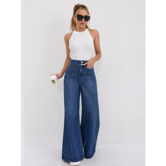 Women Denim High Waist Dark Wide Leg Mopping Jeans Women Loose Slimming Straight Pants Navy Blue