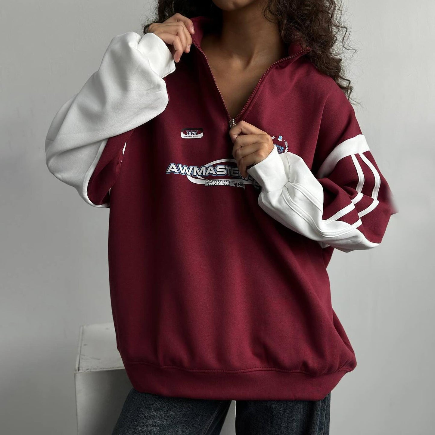 Street Sports Half Zipper Sweater Women Spring Autumn Retro Color Matching Letters Printed Ball Uniform Stand Collar Coat Wine Red