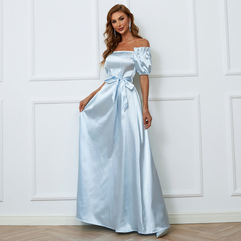 One-Neck Wedding Elegant High-End Mid-Length Wrapped Chest Evening Dress A- line Dress for Women Prom Formal Gown Light Blue