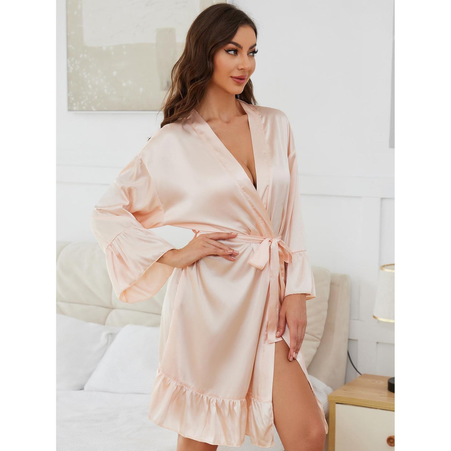 Sexy Long Sleeve Pajamas Women Artificial Silk Silk Lace up Nightgown Ruffled Home Nightdress