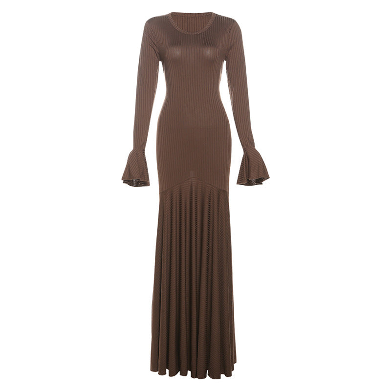 Autumn Winter round Neck Waist Trimming Flared Long Sleeve Dress Elegant Fishtail Solid Color Dress Light Brown