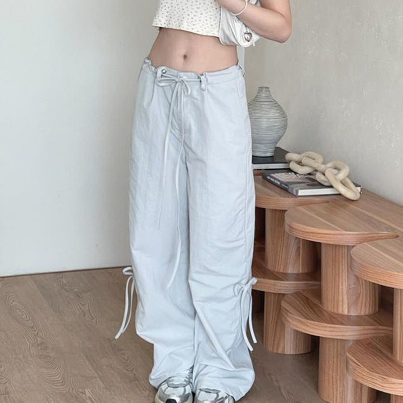 Sweet Bow Tie Women Casual Pants Everyday Joker Office Low Waist Loose Woven Pants Gray