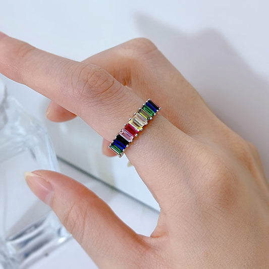 Jewelry Silver Rectangular Colorful Crystals Ring Full Diamond Ring Women