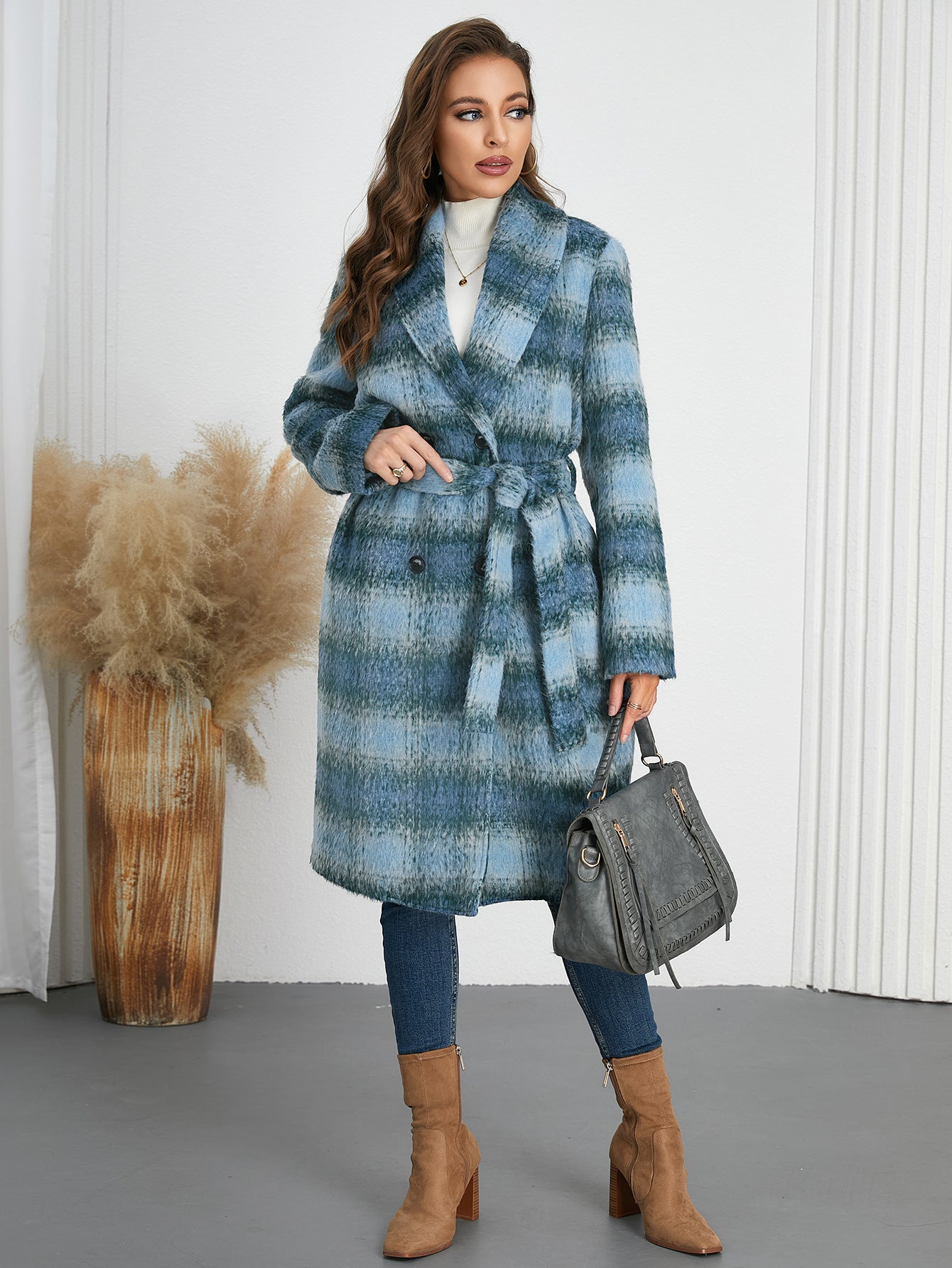 Winter Retro Gradient Color Plaid Coat Slim Double Breasted Mid Length Coat Blue