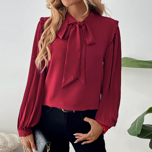 Shirt Lantern Long Sleeve Bow Collar Solid Color Women Shirt