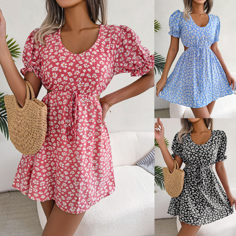 Spring Summer Casual Hollow Out Cutout out Tied Short Sleeve Floral Dress Women Clothing