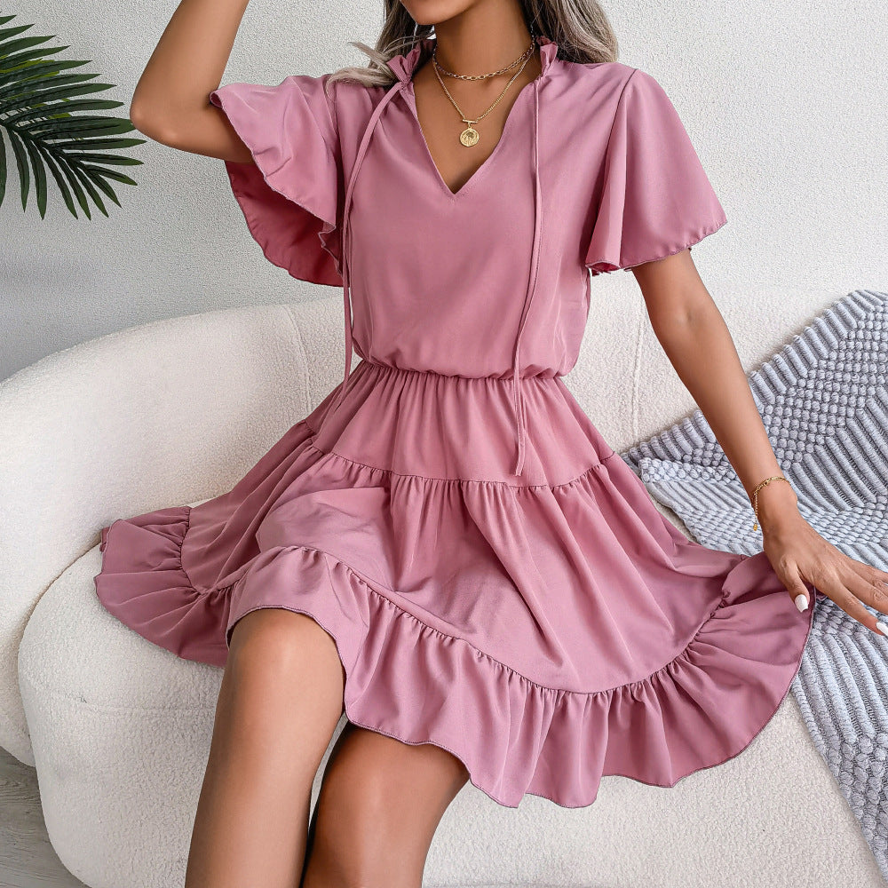 Spring Summer Flounced Ribbon Big Hem A- line Solid Color Dress Women Clothing