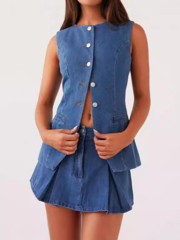 Summer Casual Sleeveless High Waist Women Denim Skirt Sets Blue