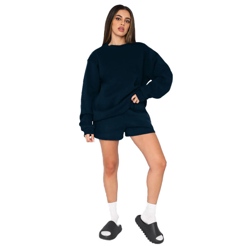 Cotton Autumn Winter Solid Color round Neck Pullover Long Sleeve Sweater Women Casual Shorts Set Black and Blue