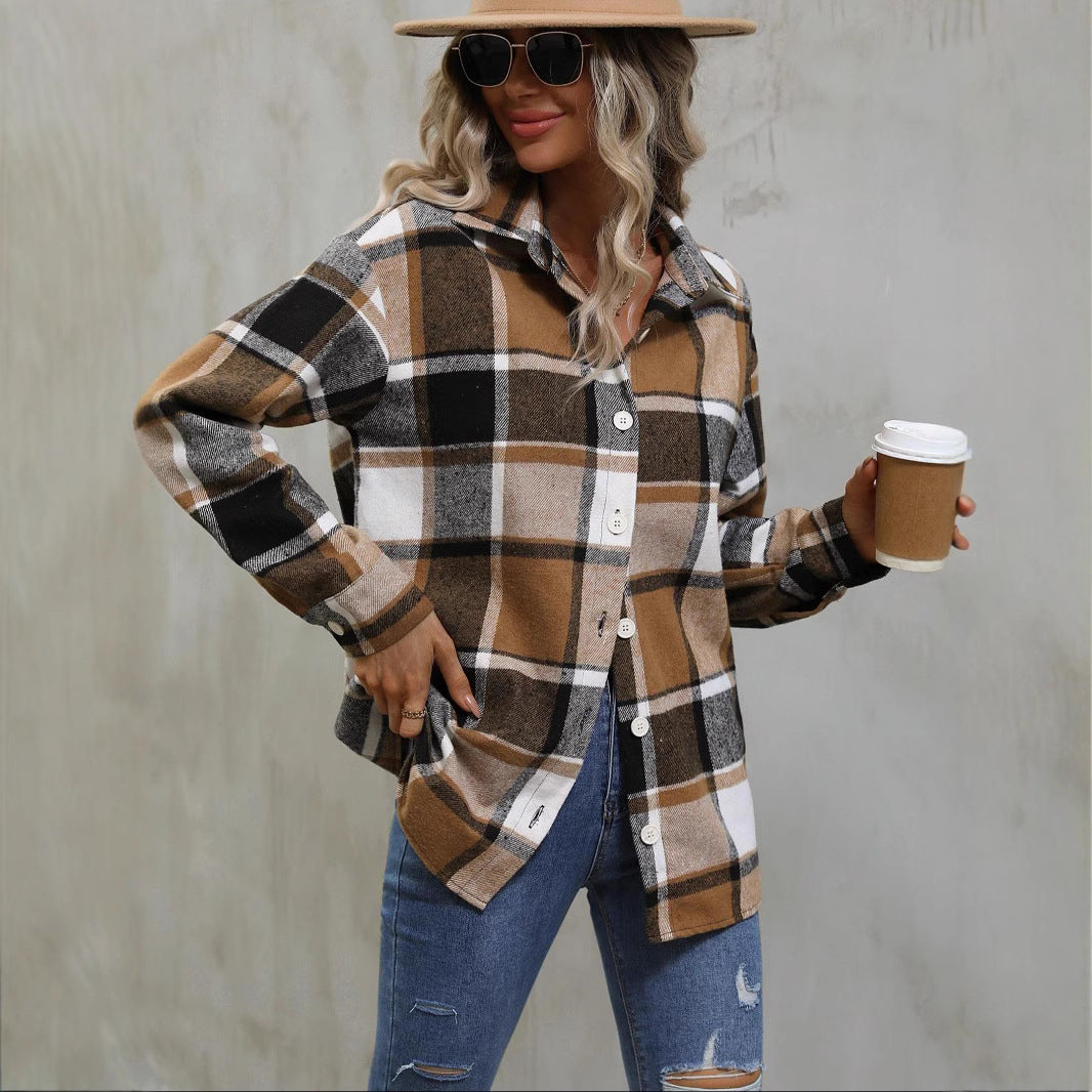 Autumn Winter Women Flannel Shirt Plaid Loose Windbreaker Long Sleeve Mixed Color