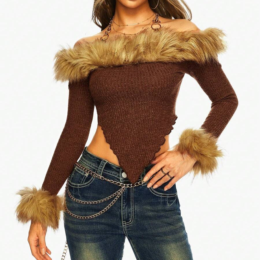 Autumn Winter Furry Irregular Asymmetric Inverted Triangle off Shoulder T shirt Slim Fit Long Sleeve Sexy Short Top