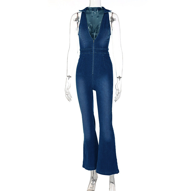 Women Clothing Slim Fit Slimming Zipper Sleeveless V-neck High Waist Retro Denim Jumpsuit Blue