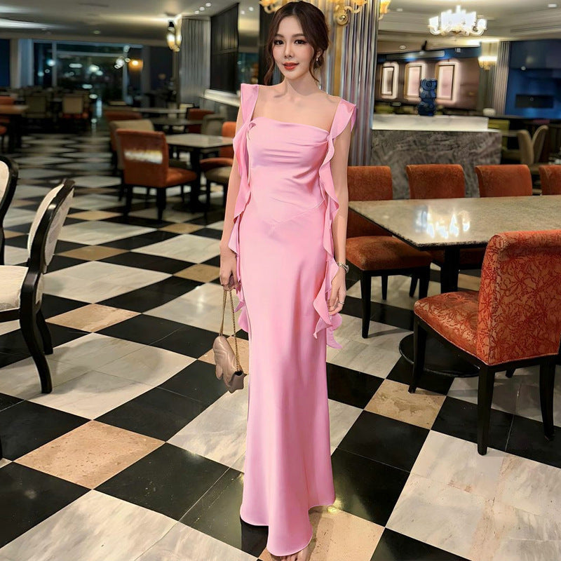 Women Clothing Spring Summer Sexy Backless Solid Color Ribbon Dress