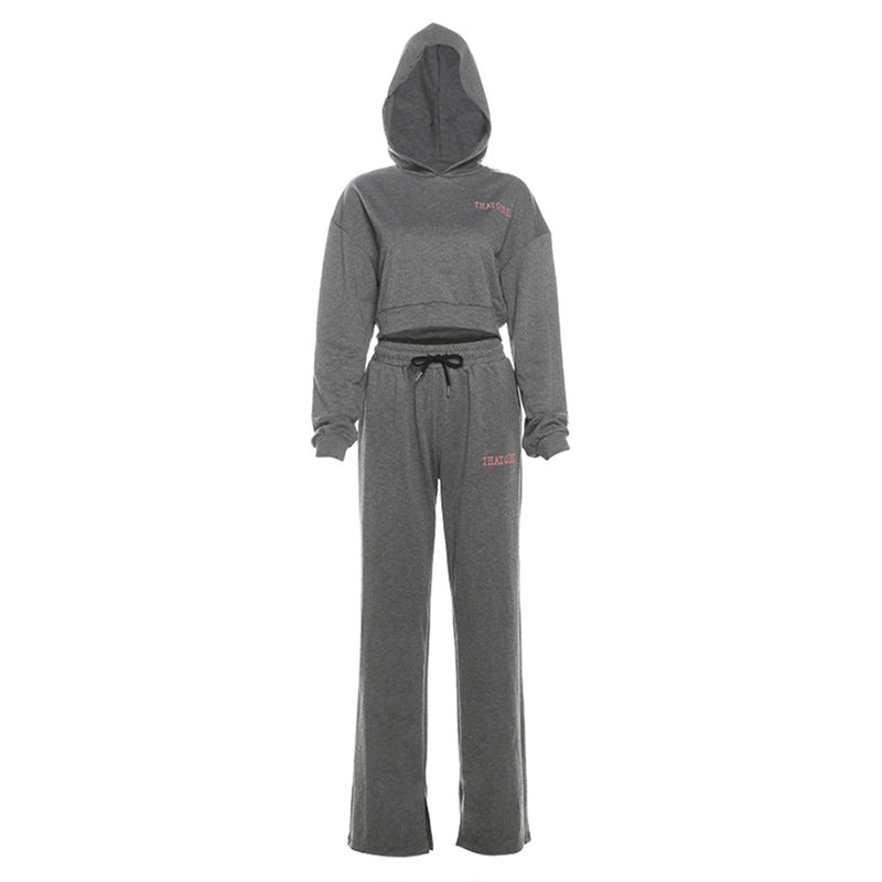 Autumn Winter Women Clothing Embroidered Hooded Sweater High Waist Pocket Straight Casual Pants Sets Gray