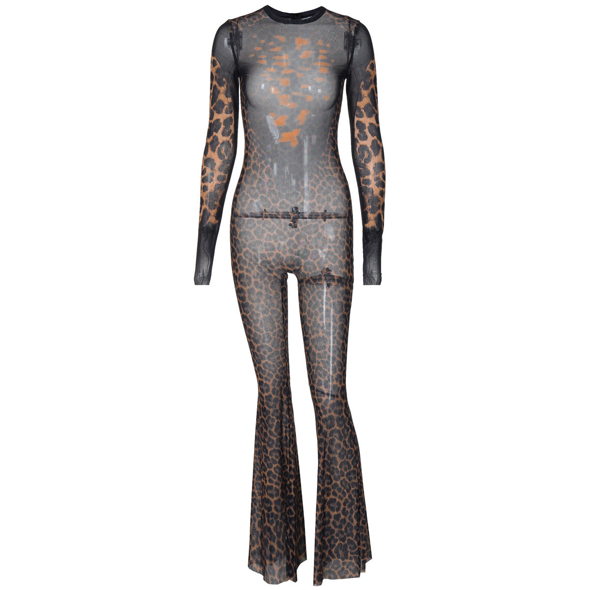 Mesh See through Sexy Jumpsuit Winter Long Sleeve Printed Flared Pants Women