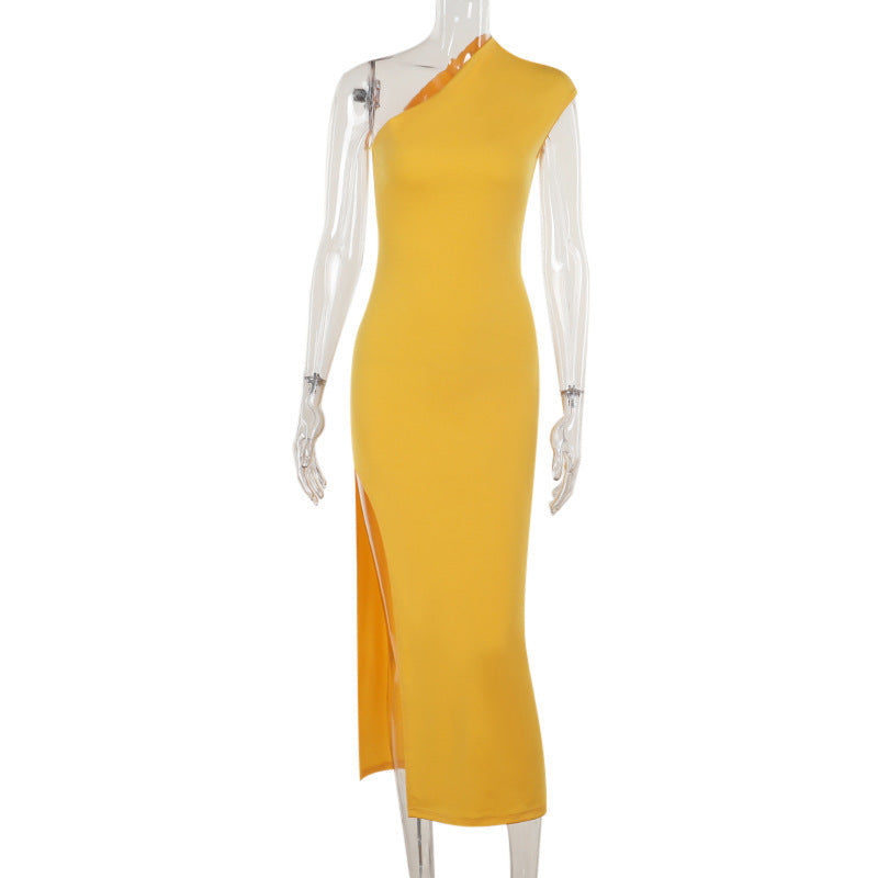 Oblique Shoulder Sexy Slit Dress Women Sexy Formal Dress Yellow