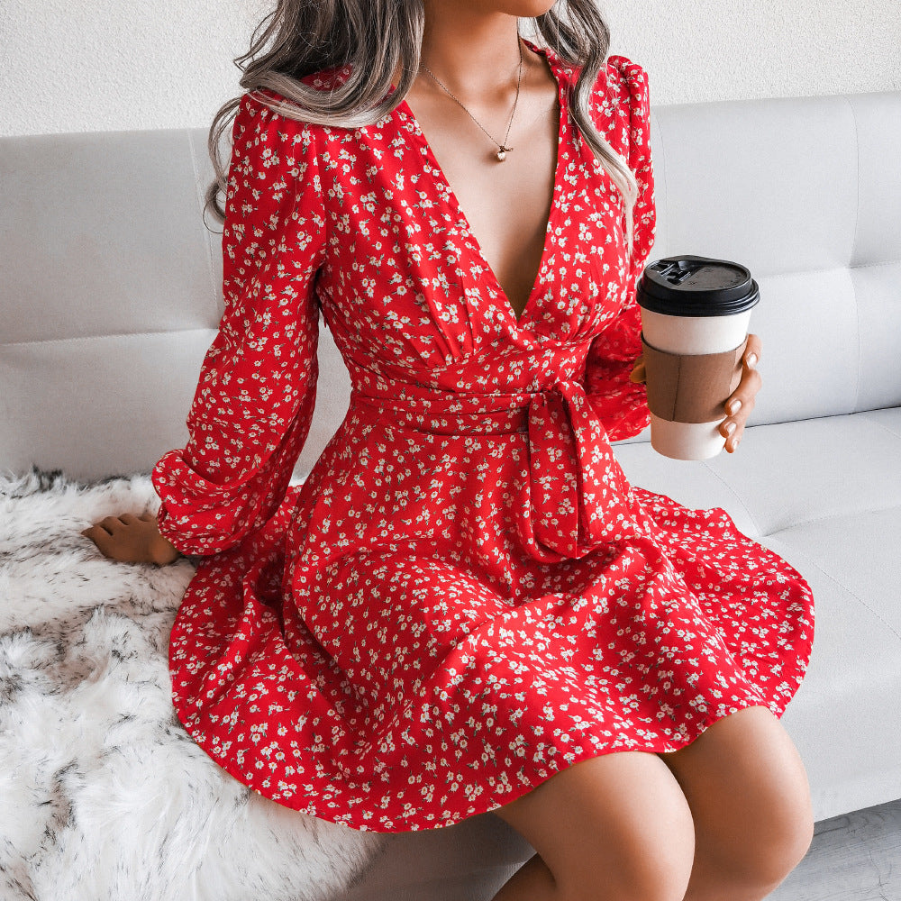 Autumn Winter Sexy V neck Long Sleeve Floral Chiffon Dress Women Clothing M Red