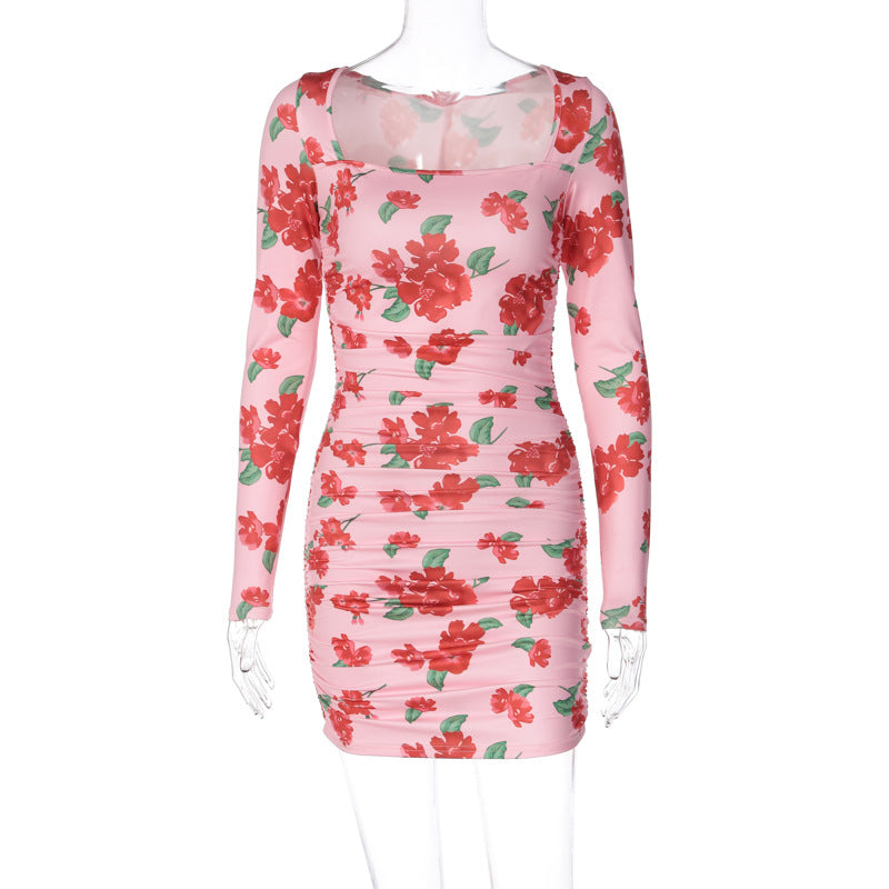 Floral Print Sheath Dress Summer Women Clothing Long Sleeve Square Neck Pleated Slim Dress Pink