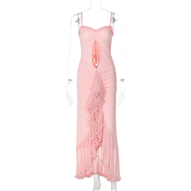 Summer Women Sexy Hollow Out Cutout Mesh Lace Irregular Asymmetric Strap Dress for Women Organza L Pink