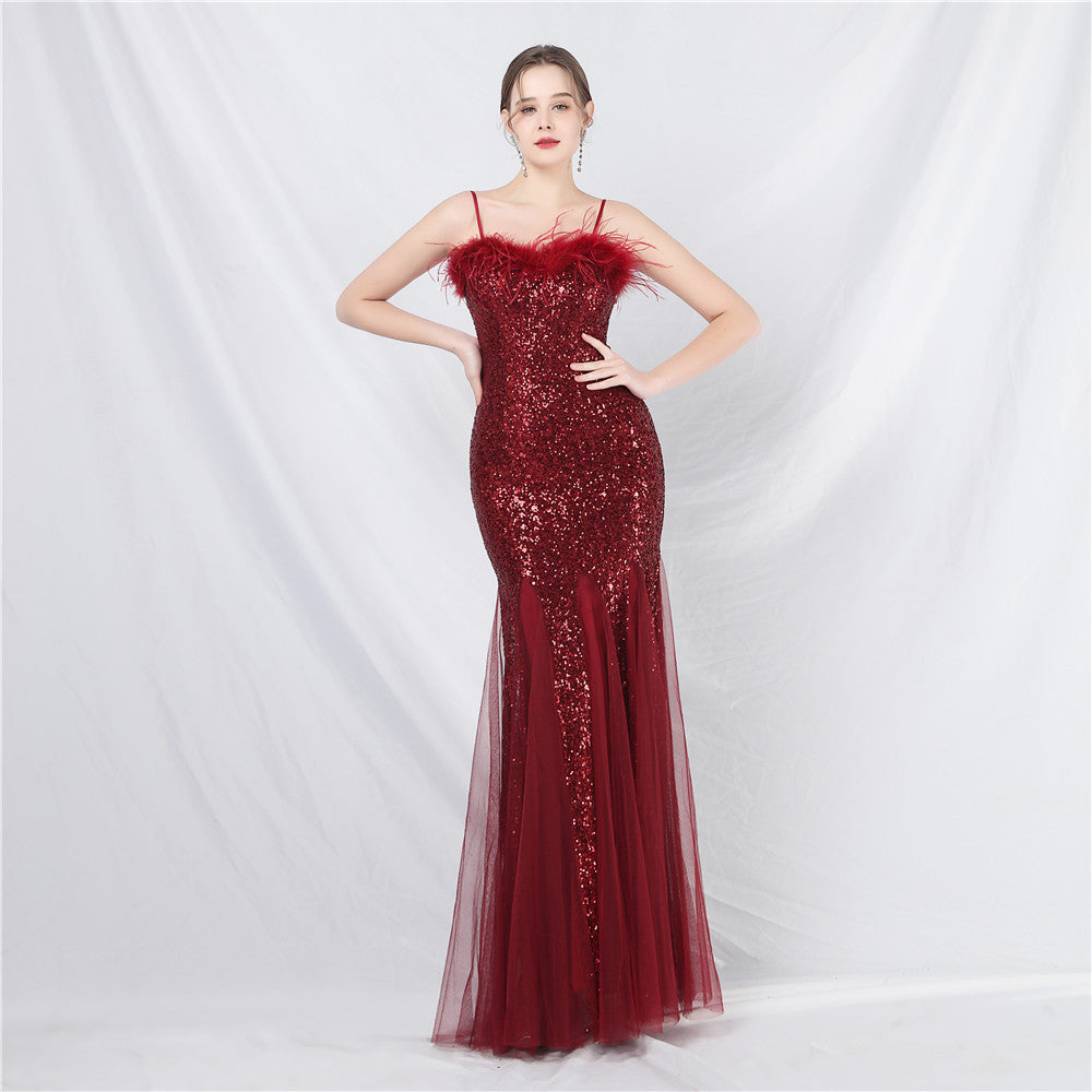 Craft Order Ostrich Feather Mesh Sequined Long Evening Dress Burgundy