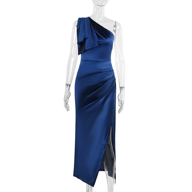 Autumn Socialite Elegant Sexy Slim Shoulder Slit Hemline Satin Dress Women Blue