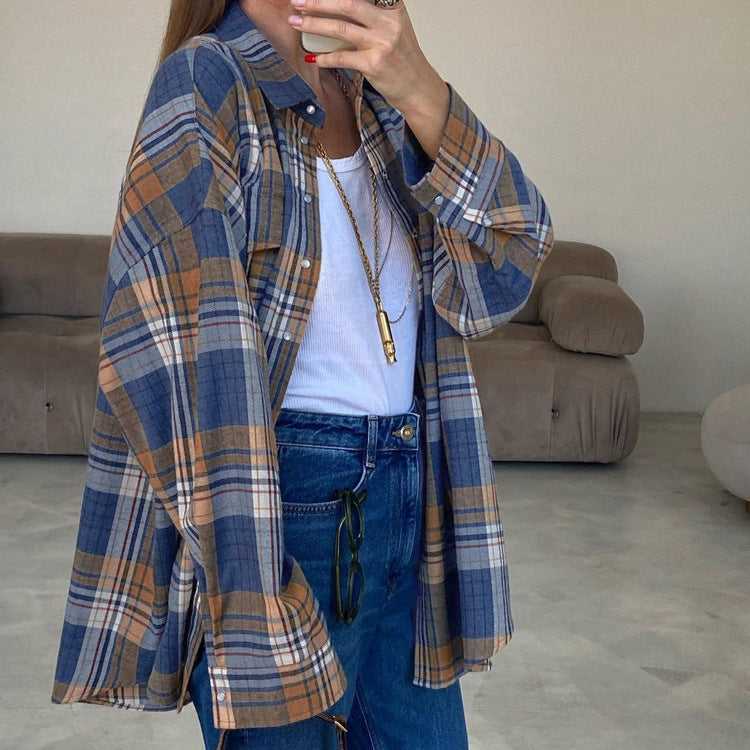 Women Wear Autumn Plaid Long Sleeved Shirt Women Casual All Matching Loose Plaid Shirt