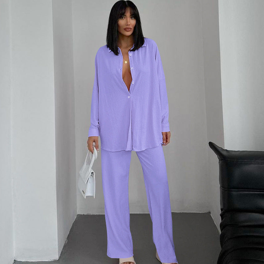 Knitted Pajamas Casual Long Sleeved Shirt Trousers Two Piece Set Pleated Home Wear for Women