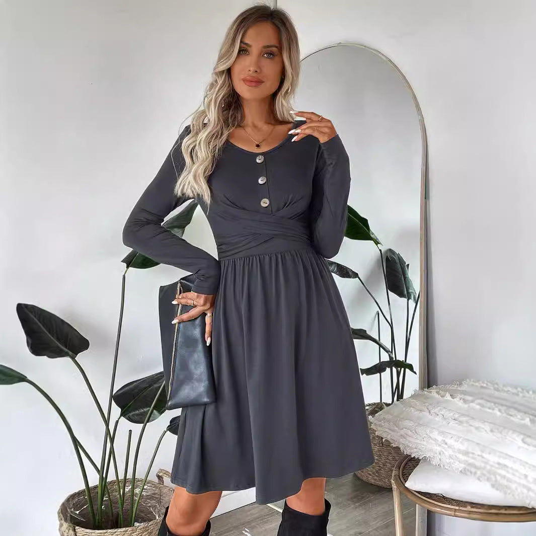 Women Clothing All Match Office Dress Autumn Winter Simplicity Design High Waist Mid Dress