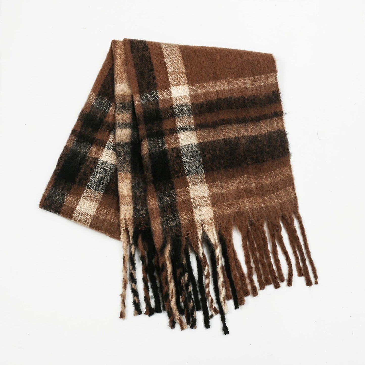 Plaid Scarf for Women Autumn Winter Thickened Warm All Matching Tassel Fashionable Scarf One Size Brown