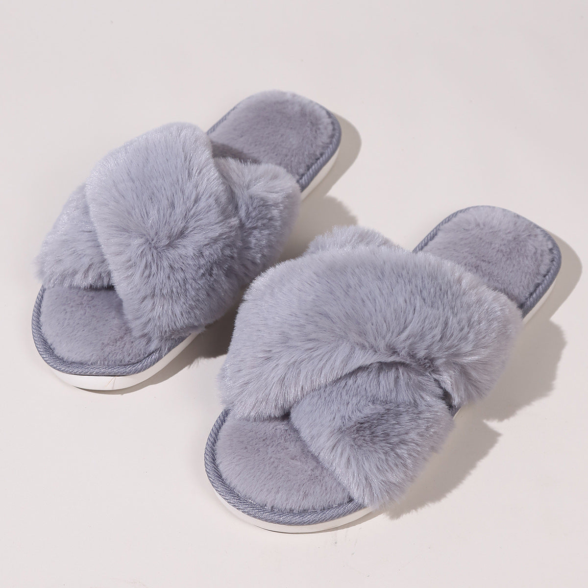 Women Fluffy Slippers Outerwear Cross Household Indoor Plush Lazy Cotton Slippers Gray