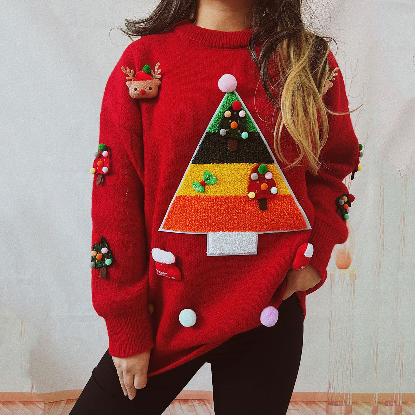 Christmas Sweater Women Autumn Winter Long Sleeve Idle round Neck Pullover Sweater Red