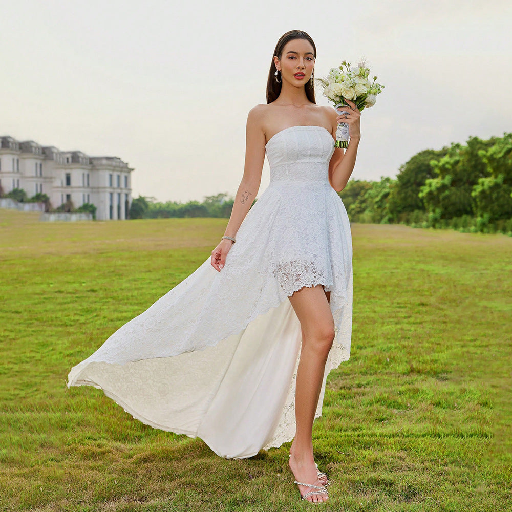 Summer Elegant Casual Dress Tube Top Lace Ruffled Vacation Wedding Dress White