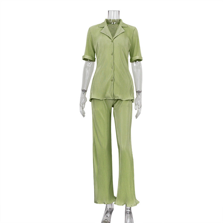 Summer French Office Green Short Sleeve Shirt Casual Pleated High Waist Wide Leg Pants Suit textured Green